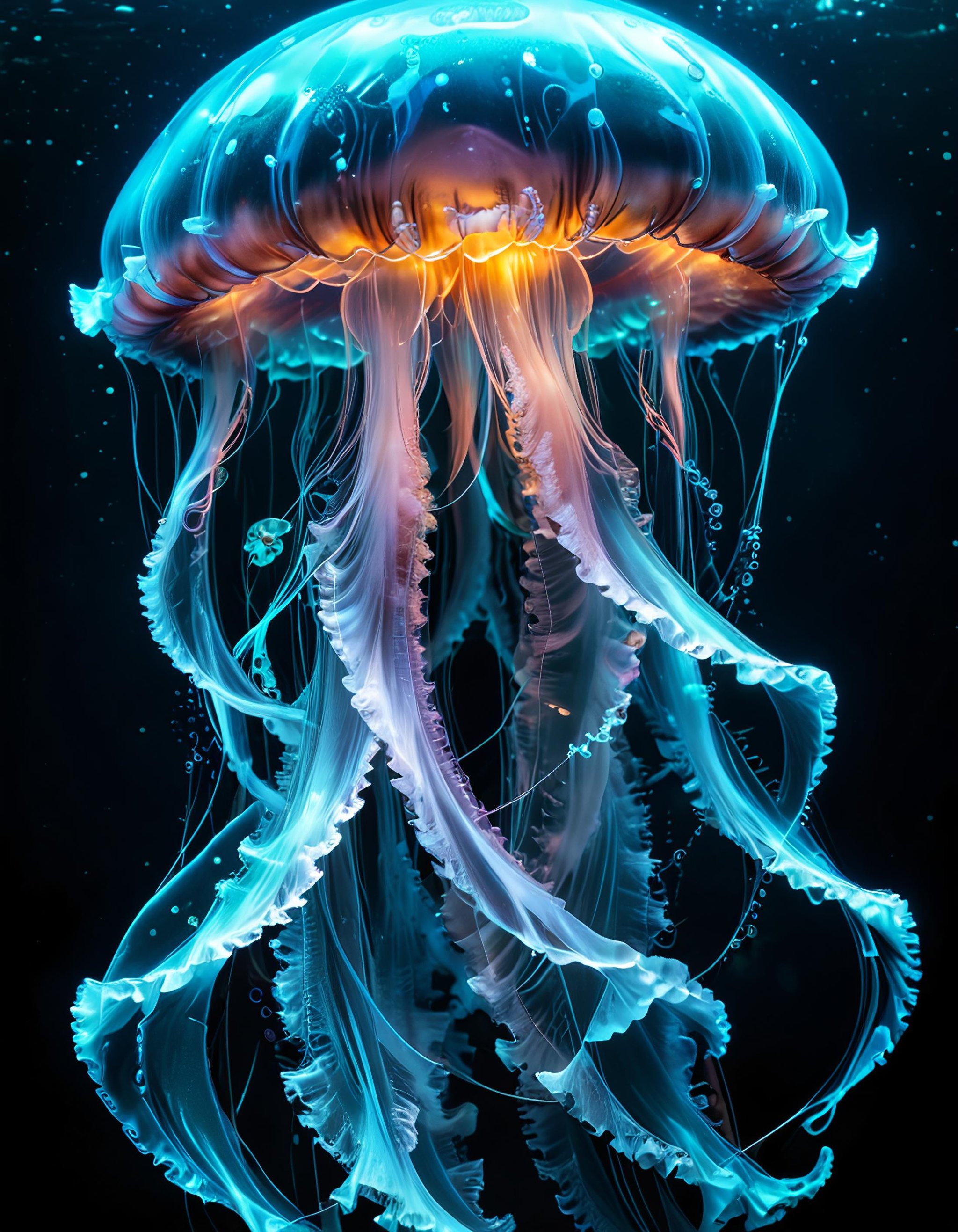 an enormous jellyfish, detailed, translucent, glowing, underwater, lots of details