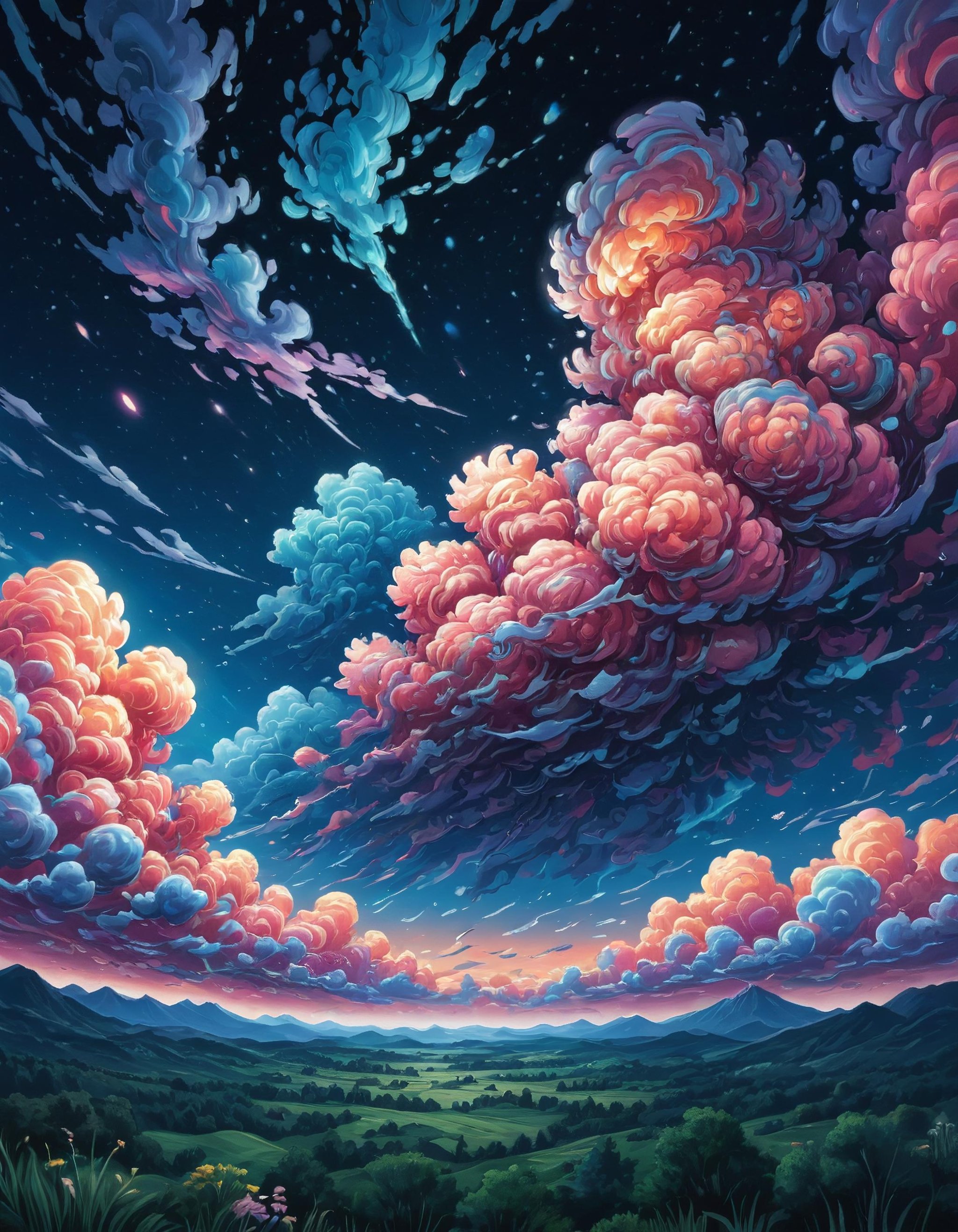 a virus in the sky, dreamy sky with vibrant clouds, drawing, anime style