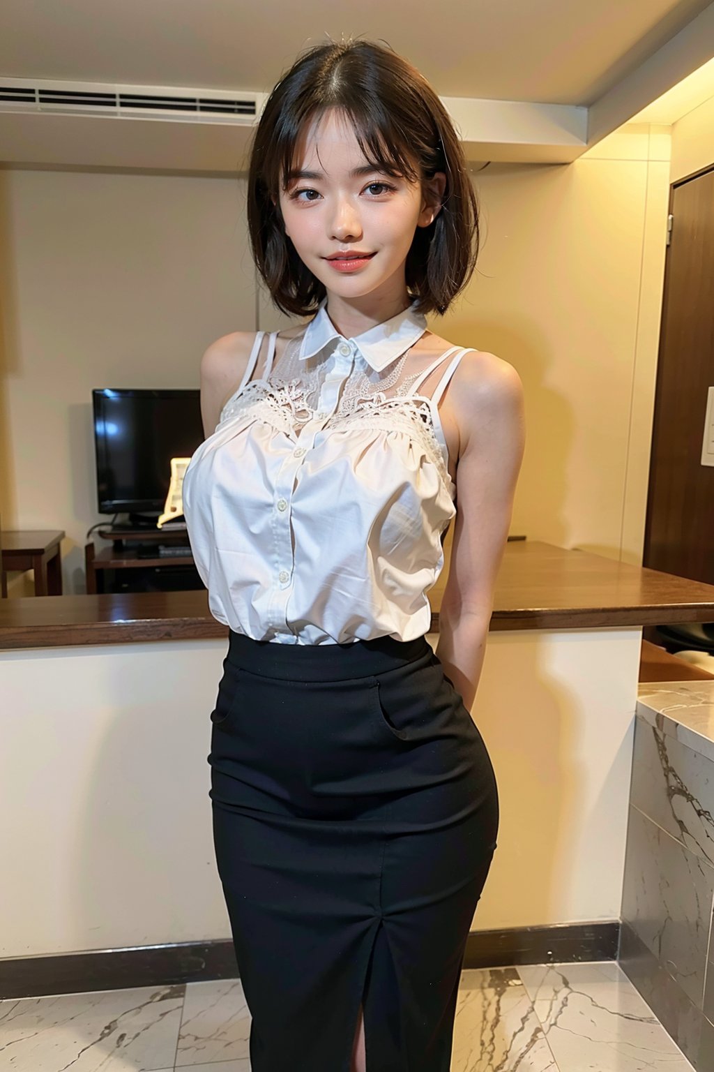 best quality,masterpiece,ultra high res,looking at viewer,simple background, 1girl, solo, looking_at_viewer, black hair,realistic,(standing),slim,(smile)(,hands_behind_back),