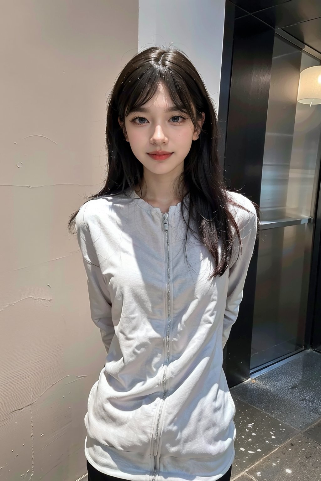 best quality,masterpiece,ultra high res,looking at viewer,simple background, 1girl, solo, looking_at_viewer, black hair,realistic,(standing),slim,(smile)(,hands_behind_back),