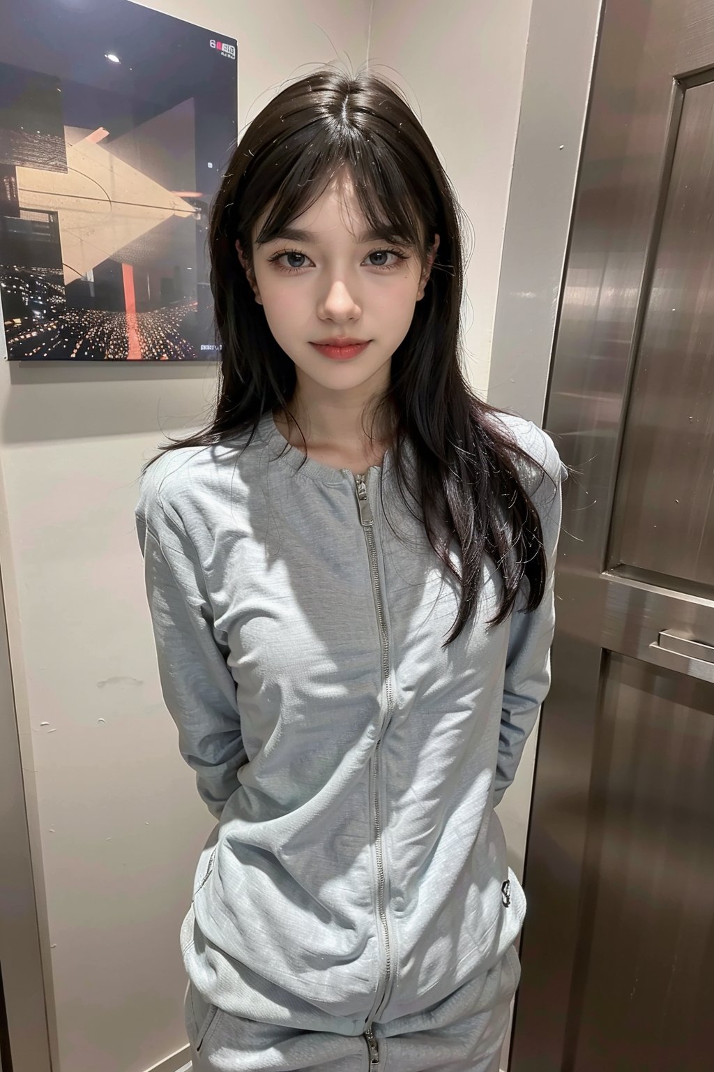 best quality,masterpiece,ultra high res,looking at viewer,simple background, 1girl, solo, looking_at_viewer, black hair,realistic,(standing),slim,(smile)(,hands_behind_back),