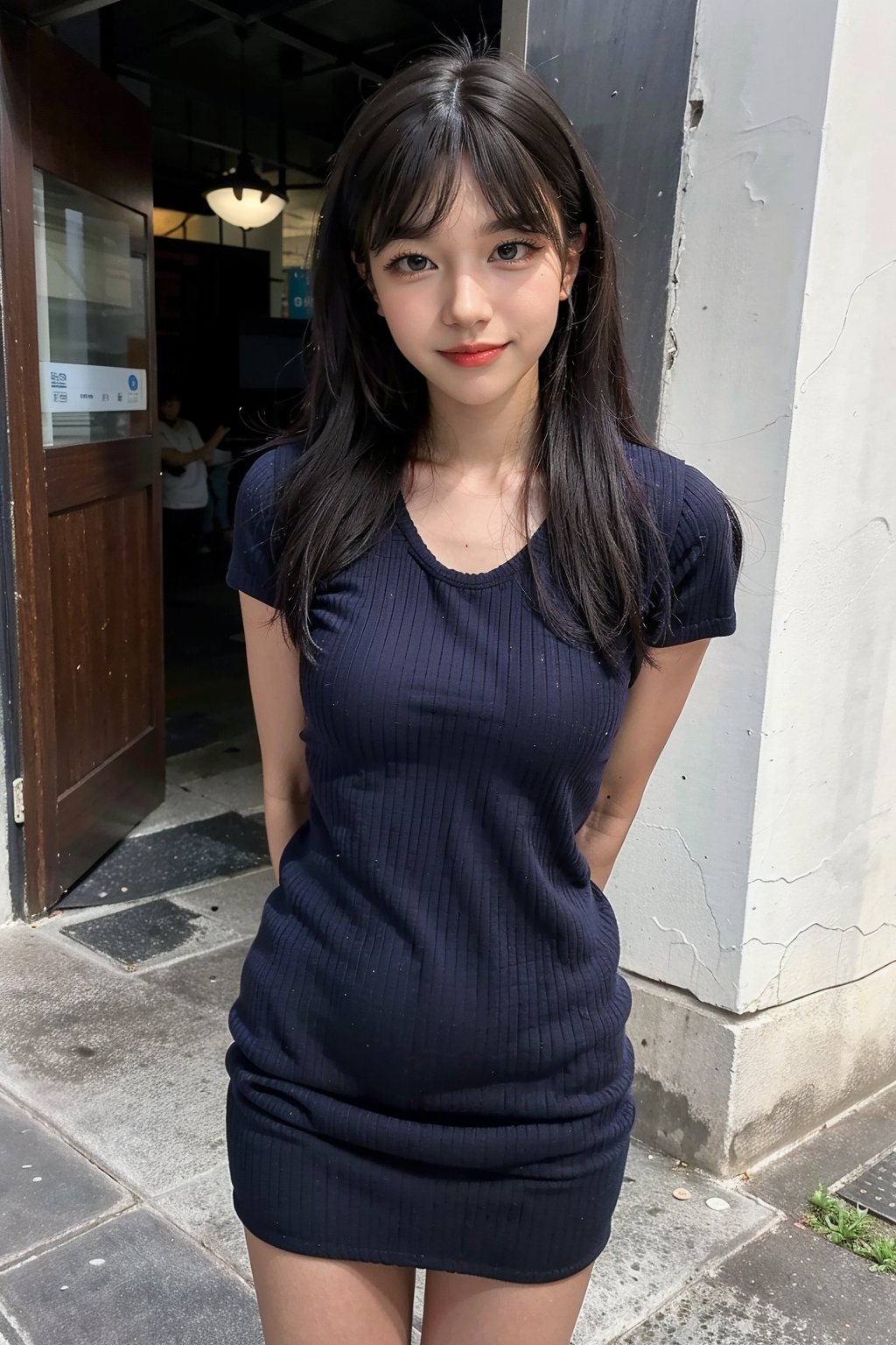 best quality,masterpiece,ultra high res,looking at viewer,simple background, 1girl, solo, looking_at_viewer, black hair,realistic,(standing),slim,(smile)(,hands_behind_back),