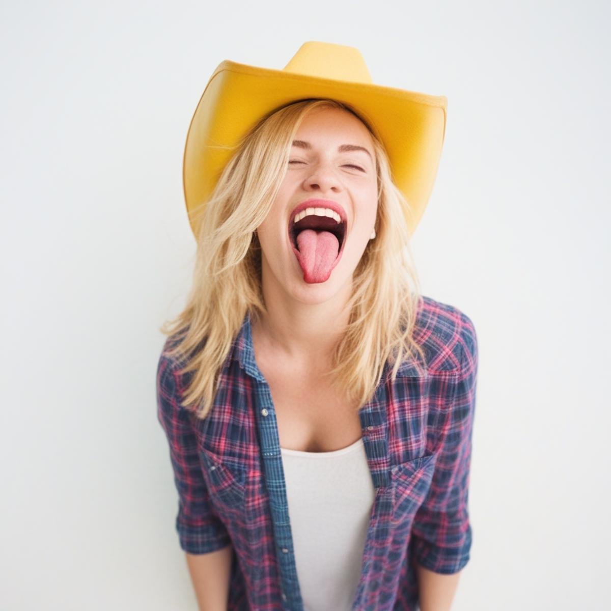 outdoors, from above, yellow flower, tongue, hand on hip, tongue out, white background, plaid, blonde hair, smile, beach, depth of field, back focus, open mouth, closed mouth, cowboy shot, midriff