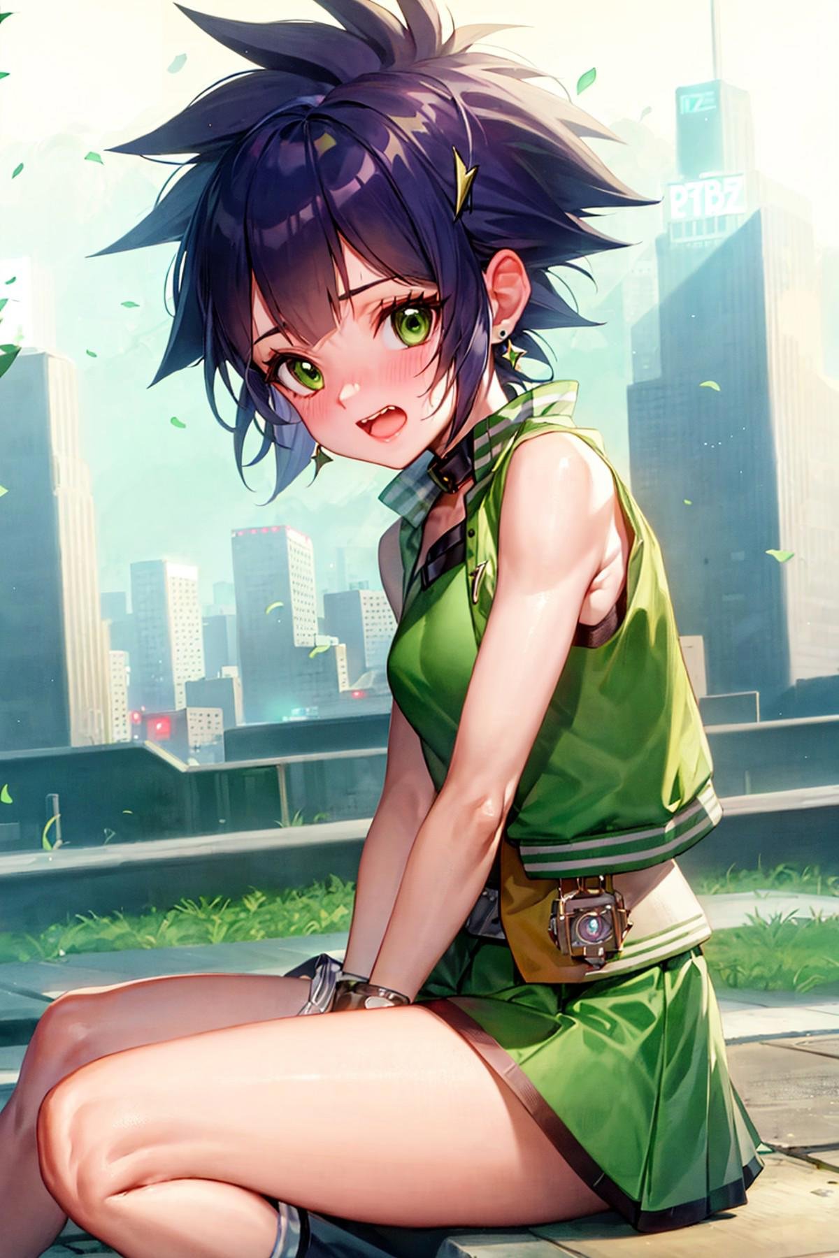 ppgzbtc, green eyes, short hair, earrings, yellow vest, green skirt, boots, sitting, embarrassed, city <lora:PPGZ-Powered_Buttercup-000005:1>