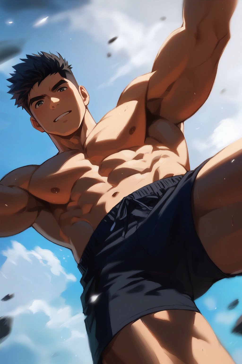 score_9, score_8_up, score_7_up, score_6_up, score_5_up, score_4_up, masterpiece, best quality, lots of details, dynamic pose, BREAK, black hair, black shorts, lean male, gay, yaoi, bara, homo, handsome, shaded, detailed shading, detailed skin, shaded skin, realistic shading, perfect hands, perfect anatomy, countershading:1.1, looking at viewer, close-up shot, from below, shirtless