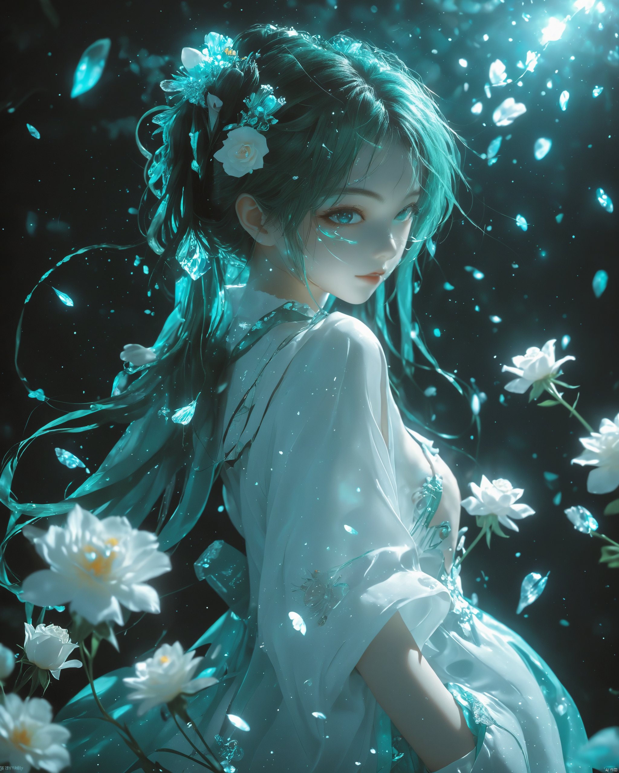 breathtaking face focus, masterpiece, best quality, 1girl, hatsune miku, white roses, petals, night background, fireflies, light particle, solo, aqua hair with twin tails, aqua eyes, standing, pixiv, depth of field, cinematic composition, best lighting, looking up . award-winning, professional, highly detailed