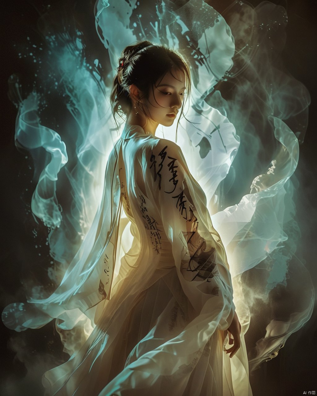 Double Exposure Style,Volumetric Lighting,a girl with Wrap top,arching her back,Traditional Attire,Artistic Calligraphy and Ink,light depth,dramatic atmospheric lighting,Volumetric Lighting,double image ghost effect,image combination,double exposure style