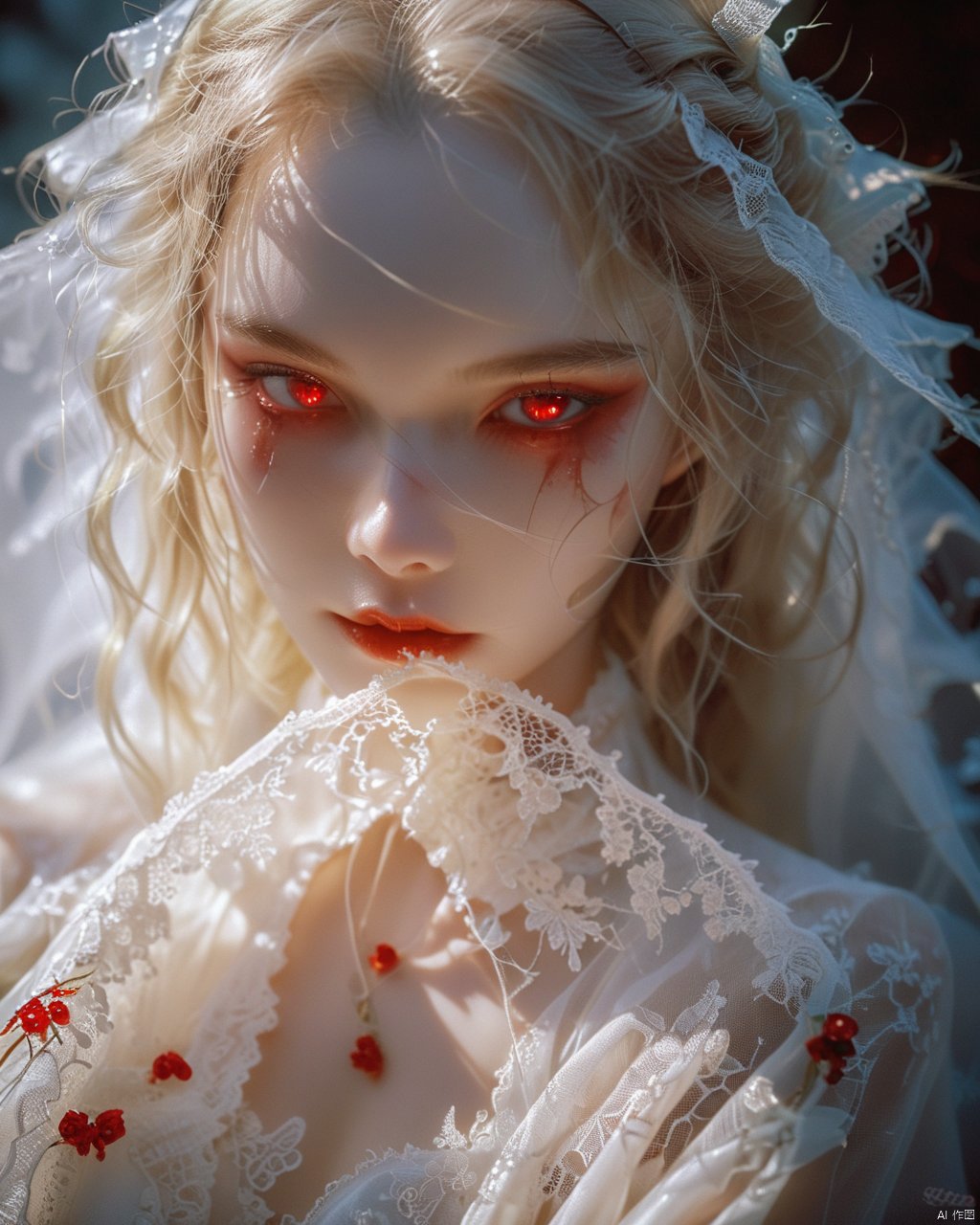 breathtaking vampire bride,film photography aesthetic,the delicate texture of lace veil gently obscuring her face,long blonde hair,looking at viewer,eye eye contact,sapphire red eyes,choker,devil smile,dynamic composition,skin texture,from above,sharp focus,horror \(theme\),dutch angle, . award-winning, professional, highly detailed