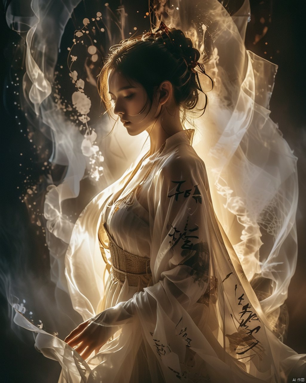 Double Exposure Style,Volumetric Lighting,a girl with Wrap top,arching her back,Traditional Attire,Artistic Calligraphy and Ink,light depth,dramatic atmospheric lighting,Volumetric Lighting,double image ghost effect,image combination,double exposure style