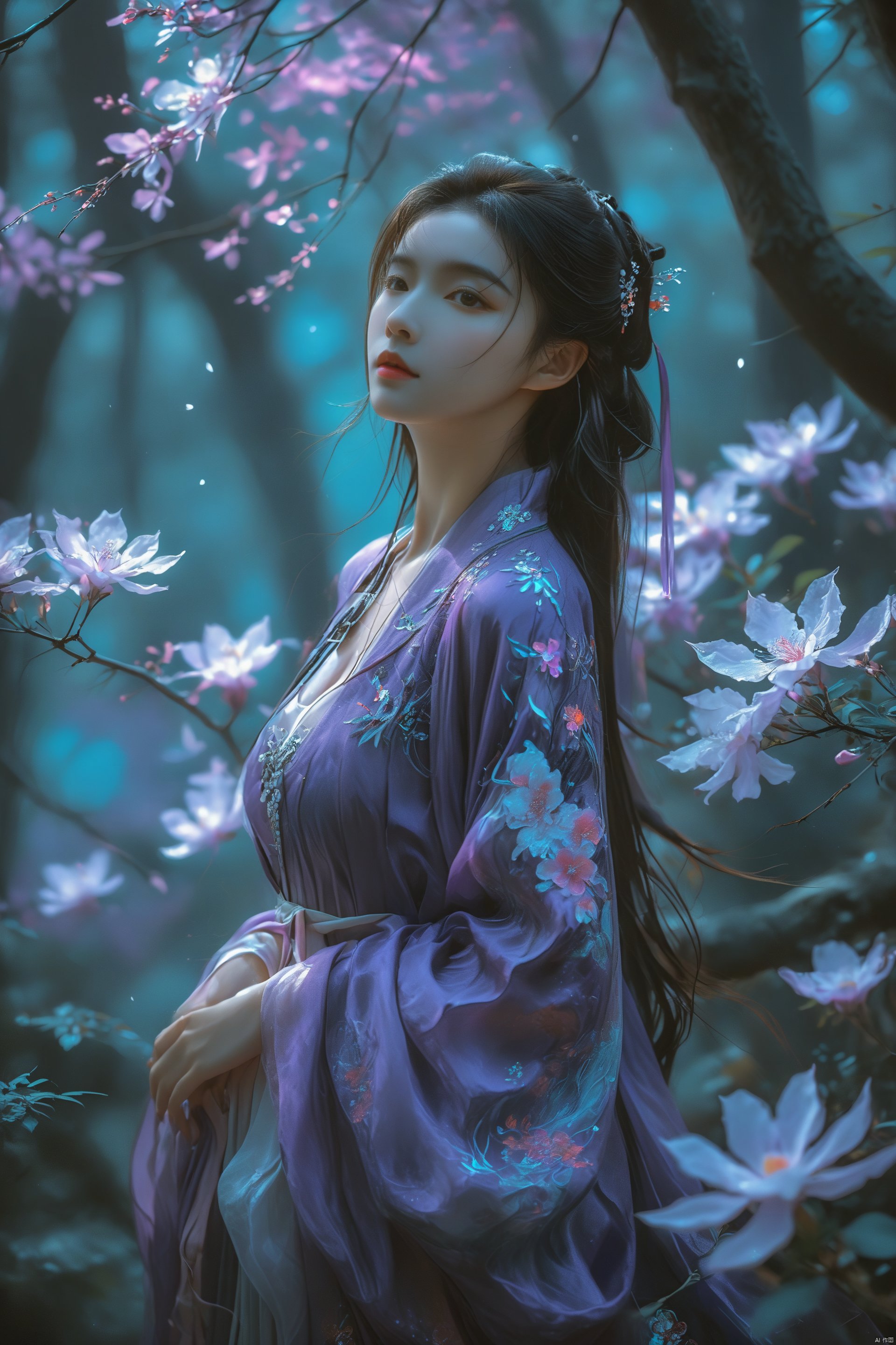 HDR photo of 1girl,chinese hanfu,bare_shoulders,breasts,bioluminescent purple flower,fabulous night forest,magical radiance,Concept art,depth of field,Raw photo,realistic,cinematic lighting,soft shadows,sharp focus,fractal,colorful,depth of field,best quality,16k resolution,vivid colors,volumetric lighting, . High dynamic range, vivid, rich details, clear shadows and highlights, realistic, intense, enhanced contrast, highly detailed