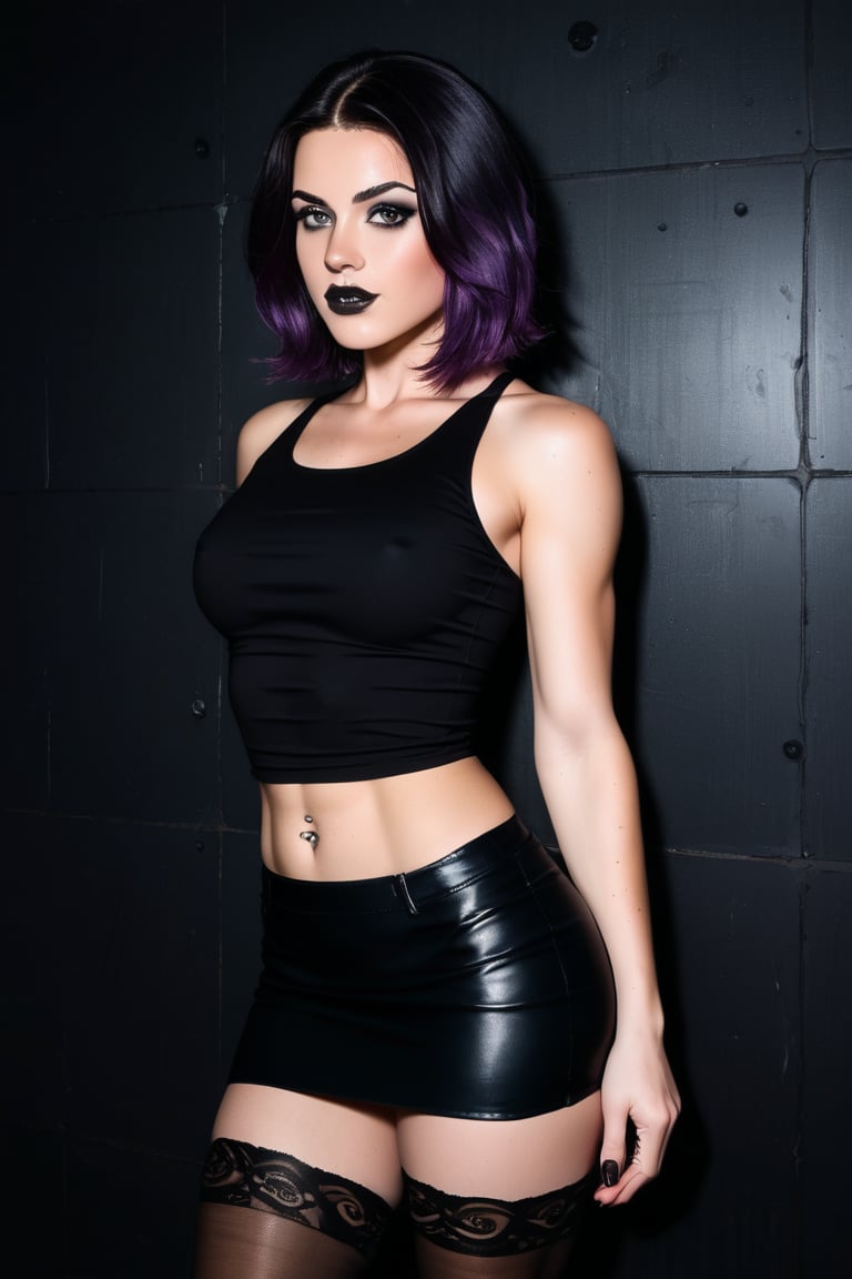 A goth woman stands confidently before a distressed concrete wall in a moody studio setting. Warm lighting with subtle grain and texture illuminates her porcelain skin and raven hair against the dark background. Her piercing eyes gaze directly at the camera, expression enigmatic. The tight tank top accentuates her physique, drawing attention to her navel piercing. A diagonal line formed by her body leads the viewer's gaze to her captivating expression. Short pencil skirt and black stockings add a touch of sophistication.