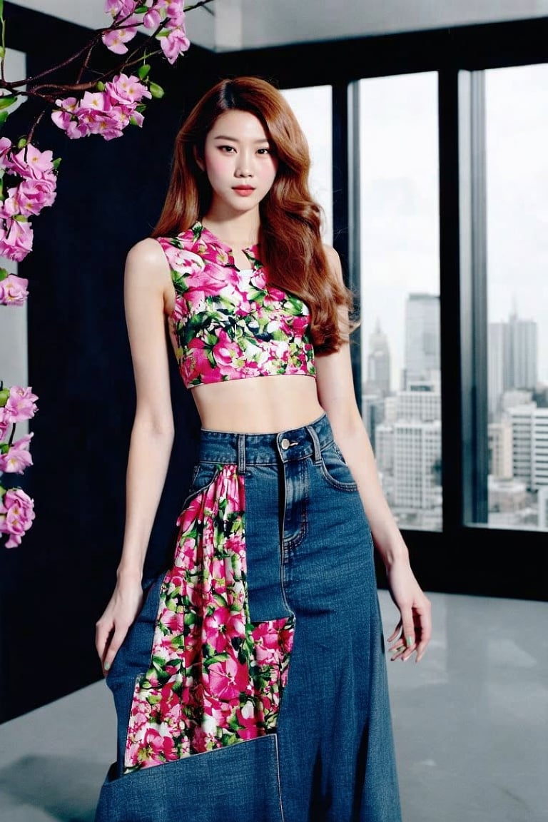 colorful flower on background forming a text that say "FASHION_SD3" , in foreground there is a professional Japanese model posing in a studio setting, with a bold and confident expression. She wears a fashionable dress, navel exposed, that accentuates her toned physique, paired with high-waisted jeans that create a striking contrast between the dark fabric and her smooth skin. The lighting is soft and flattering, with a subtle golden tone that highlights her features. In the background, a sleek black cityscape or modern architecture can be seen through a large window, subtly suggesting a metropolitan setting.