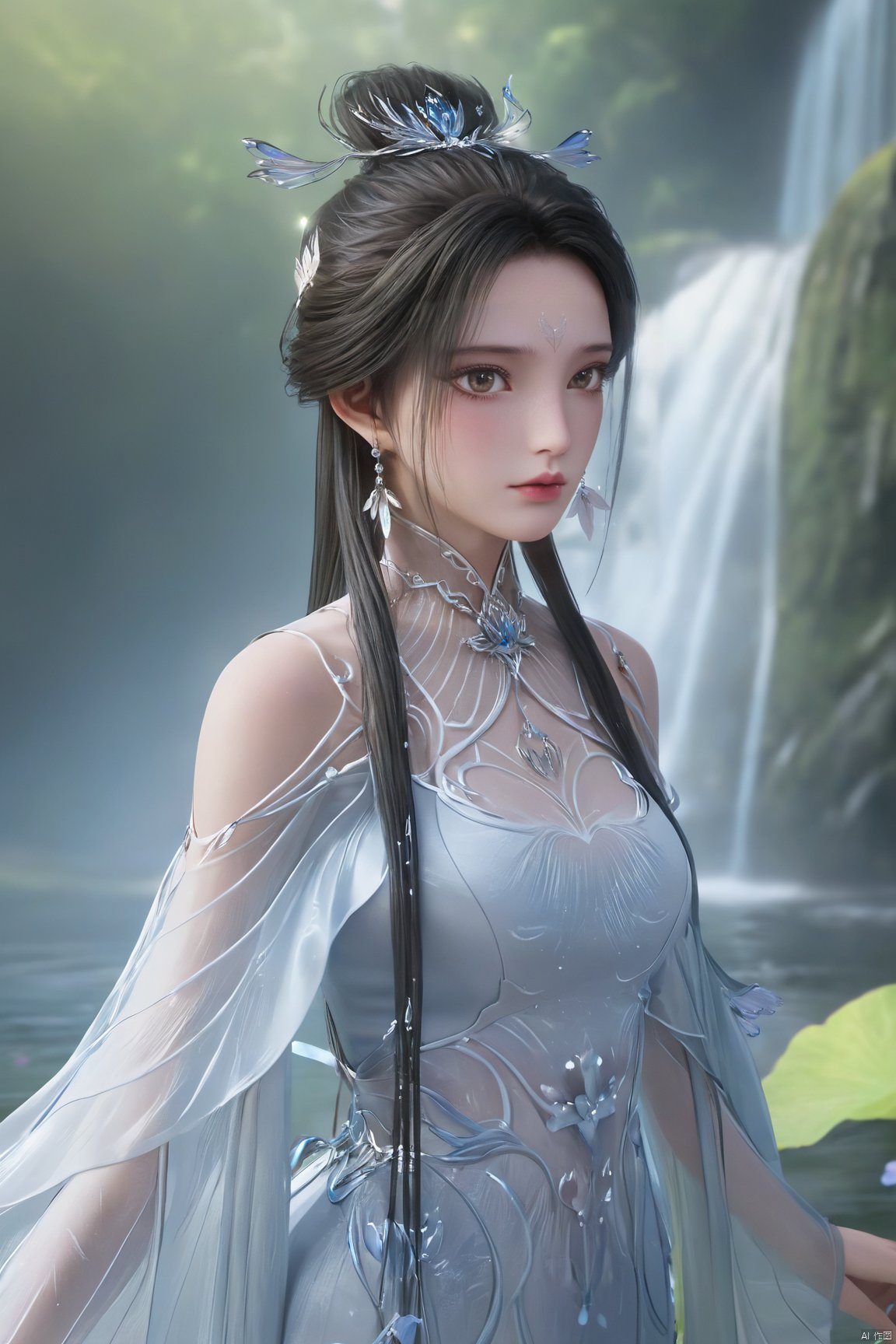 masterpiece,(best quality),official art,(extremely delicate and beautiful),solo,(chinese clothes,long dress,bare shoulders,frilled collar,earrings,long sleeves),1girl,solo,black hair,facial mark,forehead mark,hair bun,hair ornament,hair stick,jewelry,long hair,,Xluxueqi,(big breasts:1.79),(flowers,Waterfall, lotus, willow, butterfly:1.23),Water_butterfly, X-Hydrangea