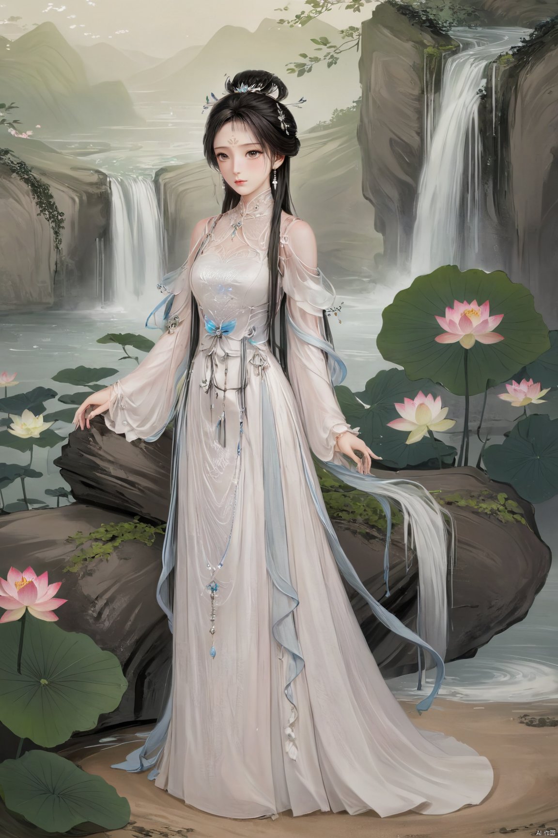 masterpiece,(best quality),official art,(extremely delicate and beautiful),solo,(chinese clothes,long dress,bare shoulders,frilled collar,earrings,long sleeves),1girl,solo,black hair,facial mark,forehead mark,hair bun,hair ornament,hair stick,jewelry,long hair,,Xluxueqi,(big breasts:1.59),(flowers,Waterfall, lotus, willow, butterfly:1.23),Water_butterfly, X-Hydrangea