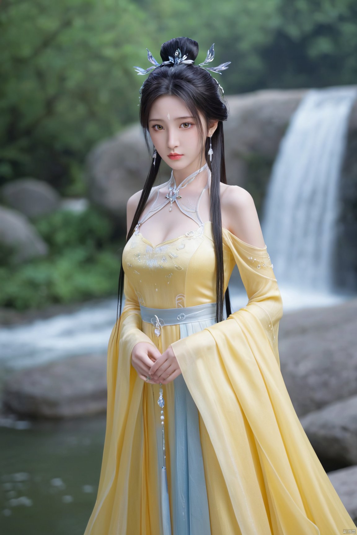 masterpiece,(best quality),official art,(extremely delicate and beautiful),solo,(yellow chinese clothes,yellow dress,bare shoulders,frilled collar,earrings,long sleeves),1girl,solo,black hair,facial mark,forehead mark,hair bun,hair ornament,hair stick,jewelry,long hair,,adfxx,,Xluxueqi,(big breasts:1.39),(flowers,Waterfall, lotus, willow, butterfly:1.23)