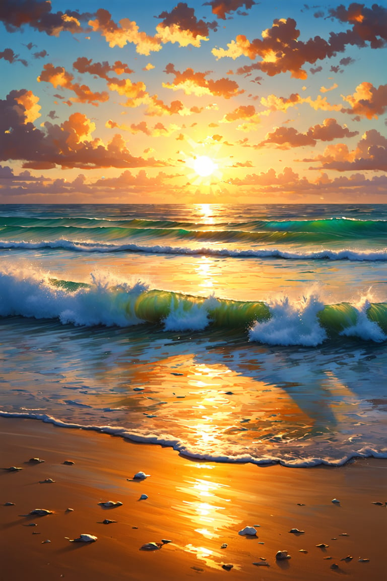 Impressionist painting Generate a serene sunset scene on a beach with crashing waves, ultra quality, ultra detailed, RAW photo, (high detailed skin:1.2), 8k uhd, dslr, soft lighting, high quality, film grain, Fujifilm XT3, dramatic light, dynamic lighting, shadow, Bokeh, Professional, Digital Artwork, highlighted, global illumination, rim light . Loose brushwork, vibrant color, light and shadow play, captures feeling over form