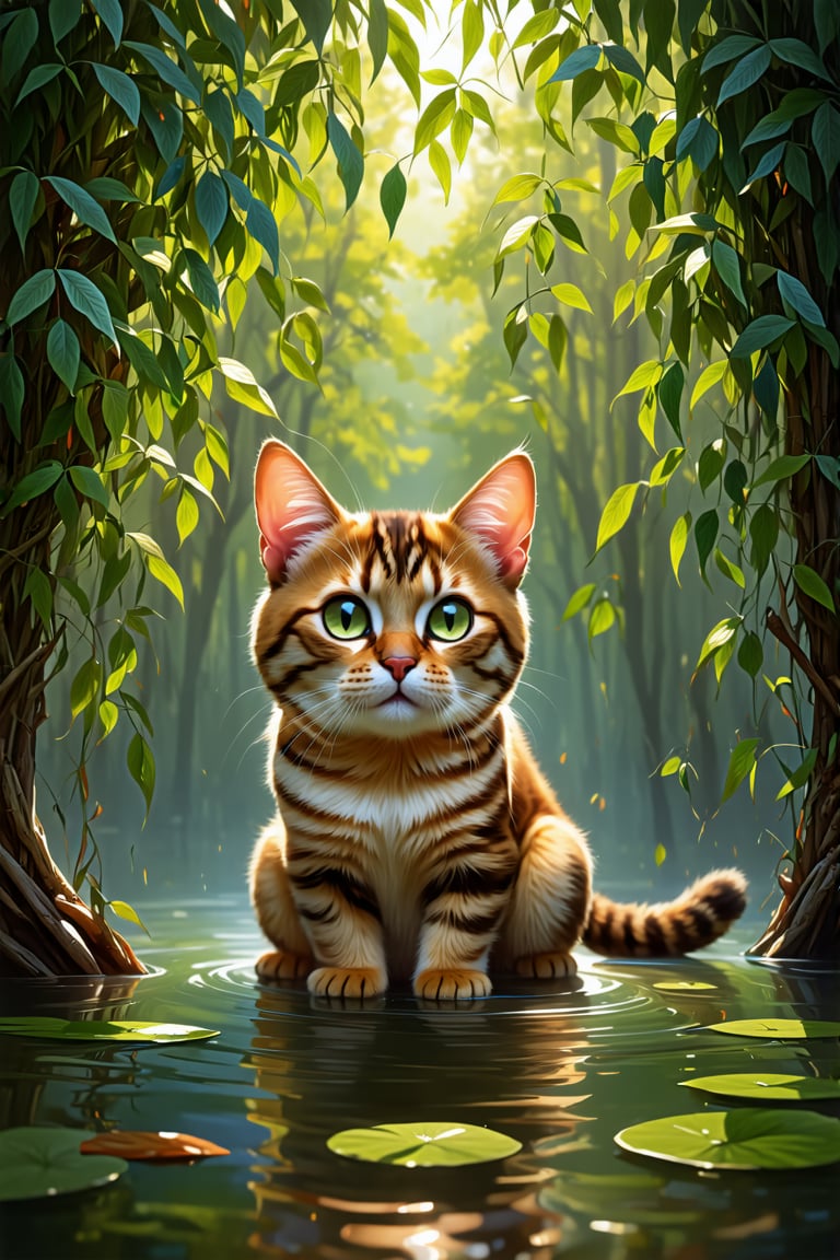 digital painting, surreal, tranquil pond, whispering willows, overhanging branches, dappled sunlight, reflections, still water, lily pads, cat, X-ray vision, curious, green eyes, pointed ears, whiskers, pink nose, calm, serene atmosphere, vibrant greens, rich browns, soft pastels, fantasy, whimsical, intricate details, dreamlike, storybook, concept art, illustration, rendered in Unreal Engine 5, highly detailed, dramatic lighting, cinematic, artstation, wallpaper, promo art, splash art, artbook, beautiful image