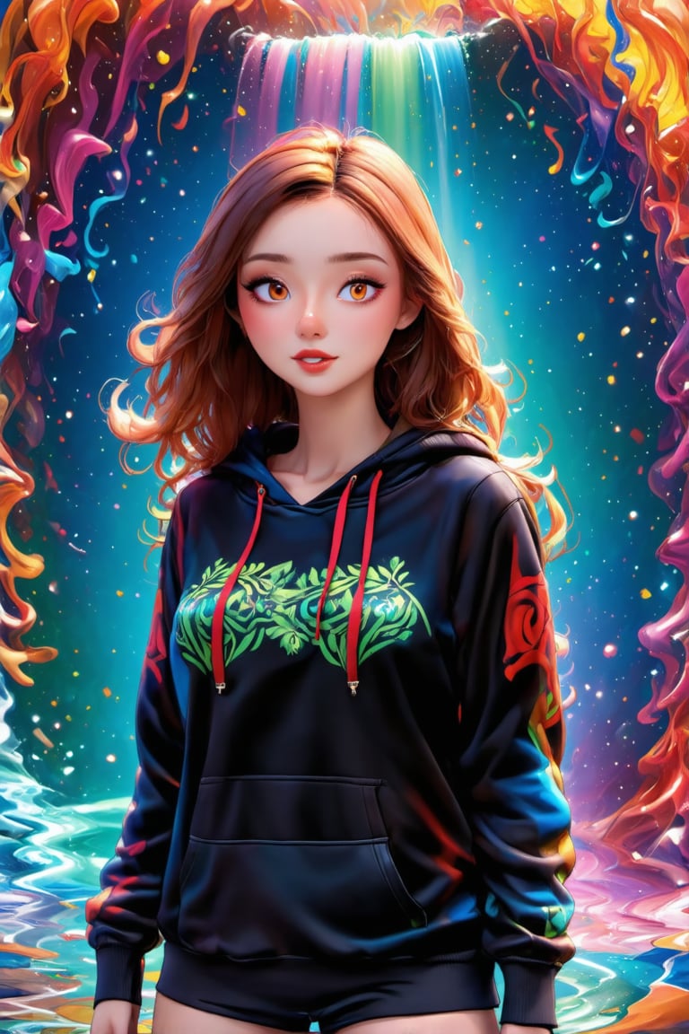 Vibrant hoodie swirled with green, red, black, white, and teal patterns envelops the young woman's serene face, as she gazes directly at the viewer. Her flowing hair falls like a golden waterfall down her shoulders, harmonizing with the intricate design of her attire. A kaleidoscope of colors radiates from the background, mirroring the psychedelic hues, creating an immersive, Pixar-inspired scene that exudes bold artistic flair and modern fashion.