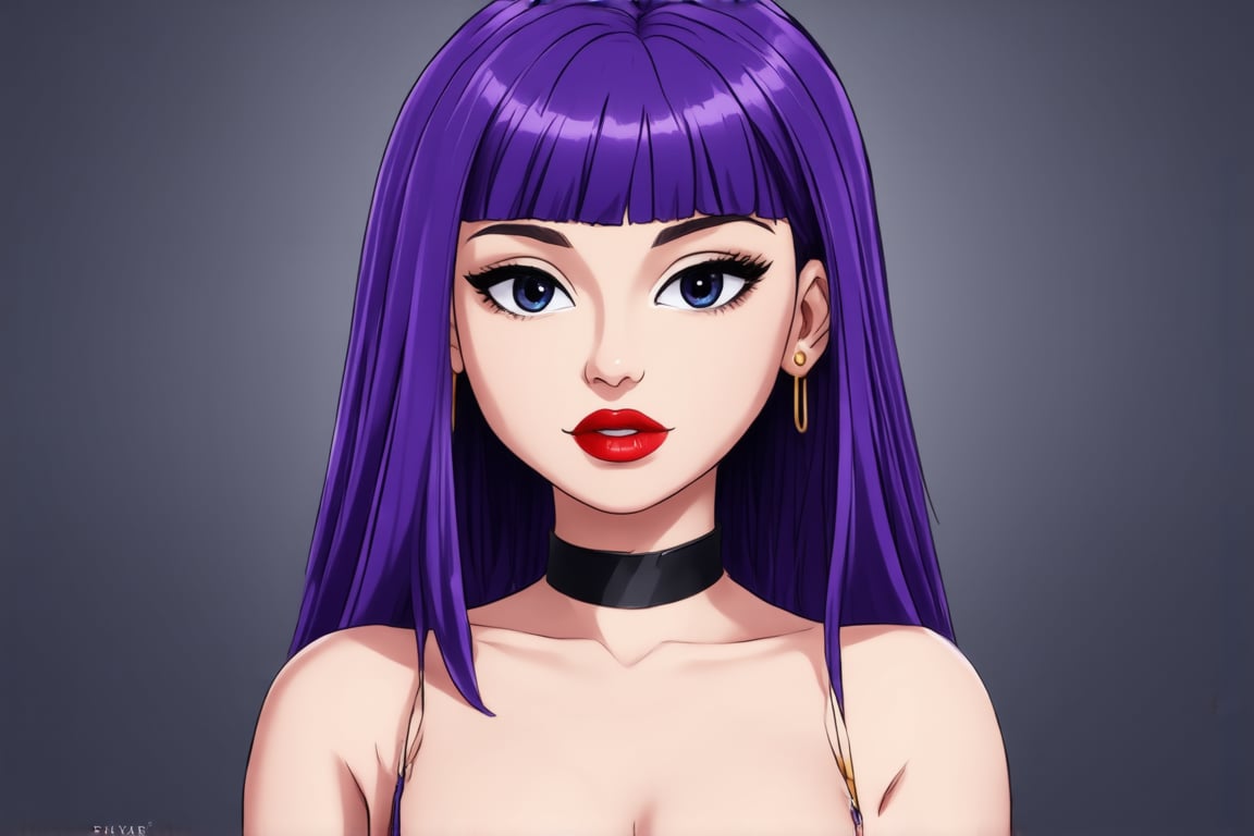 Pixar-style portrait of a girl with long, purple hair parted down the center, framed by blunt bangs and subtle black choker. Her gaze directly meets the viewer's as she wears detached sleeves and a confident expression. Simple yet striking, her makeup features bold red lips, defined black eyes, and a subtle smoky effect. Set against a muted grey background, this realistic cartoon-inspired piece showcases artistic mastery.,Cartoon,Enhance