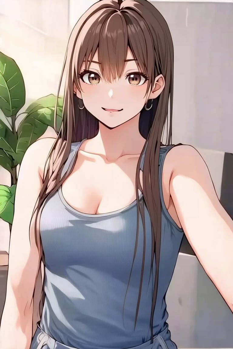 anime style, 1girl,long hair,looking at viewer,brown hair,bare shoulders,brown eyes,collarbone,upper body,parted lips,sleeveless,indoors,lips,tank top,plant,selfie,potted plant