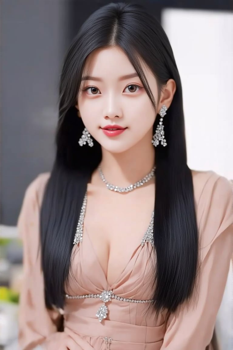 Attractive, 1girl, 25-year-old, solo, long hair, breasts, looking at viewer, black hair, dress, cleavage, brown eyes, jewelry, earrings, small breasts, indoors, necklace, dress, blurry, lips, blurry background, dress, realistic, arms at sides, high resolution, extremely sharp, ultra-real, extremely detailed, an ultra-realistic photograph captured with a Sony α7 III camera, equipped with an 85mm lens, depicting, The image, taken in high resolution. 