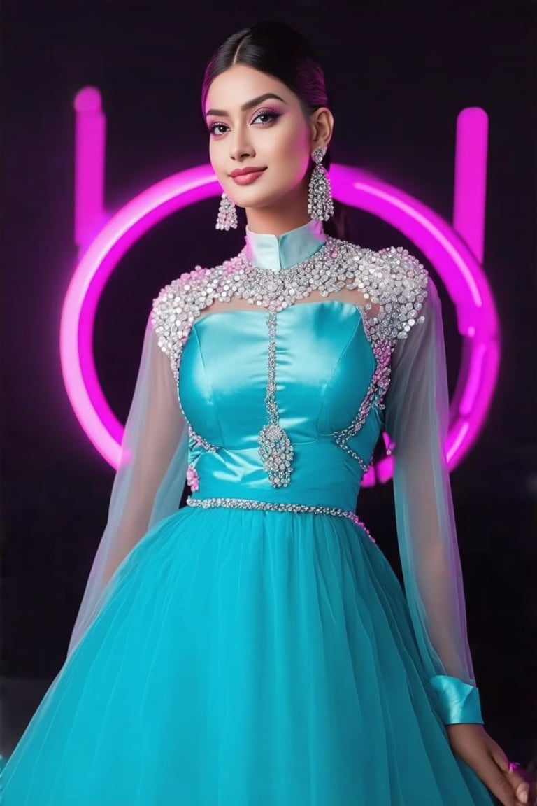 a Indian woman in futuristic dress is posing in front of a neon light, in the style of realistic hyper-detailed rendering, white and cyan, greeble, timeless grace, evgeni gordiets, blink-and-you-miss-it detail, otherworldly beings --ar 51:91 --style raw --s 750 --v 5.1