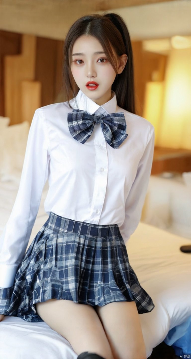 1girl, solo, skirt, realistic, thighhighs, plaid, school uniform, plaid skirt, white thighhighs, sitting, shirt, looking at viewer, bed, bow, indoors, white shirt, brown hair, black hair, long hair, on bed, bowtie, ponytail, long sleeves, parted lips, shirt tucked in, plaid bow, black eyes, collared shirt, plaid bowtie, lips, blue skirt, red lips, brown eyes, blurry, lipstick, breasts, blurry background, underwear, dress shirt, makeup, pleated skirt, artist name, uniform, bedroom, open mouth, over-kneehighs, zettai ryouiki, teeth, pillow, checkered skirt, bangs, blue bow