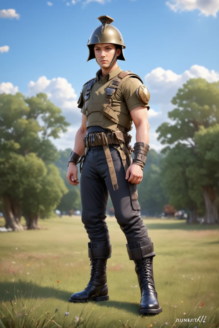 soldier. beautiful detailed helmet, black mechanic, pale skin, light skin, realistic skin, detailed fabric texture, detailed hair texture, perfect proportion, accurate, anatomically correct, highly detailed skin and face texture, modern, photorealistic, perfect face, hyper realism, mega realism, high quality. warrior, ancient roman, . whole body. black pants, black boots,digital art