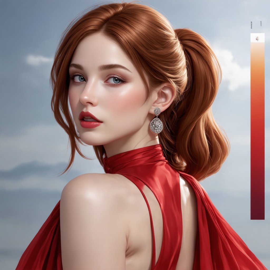 hyperrealistic, a masterpiece, A side profile of a young woman dressed in a vibrant red dress. The dress has a high neck and long sleeves. The woman has a sleek hairstyle, with her hair pulled back into a tight ponytail. She is wearing large, round earrings. On the right side of the image, there's a vertical color gradient bar that transitions from a light shade at the top to a deeper shade at the bottom.,redhead,Realistic Enhance,digital art