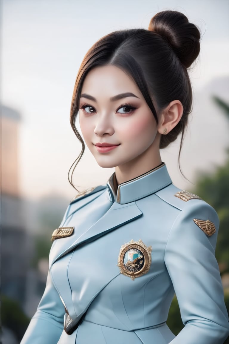 The image depicts a portrait of a young hottest de l'air with stylized features. she is elegant, emotive faces, smile,  bun hair. Her outfits is flight uniform. Image all are in high resolution. The background is blurred with hints of dark tones, which serve to highlight the subject without distracting and makeup.,Elite beauty