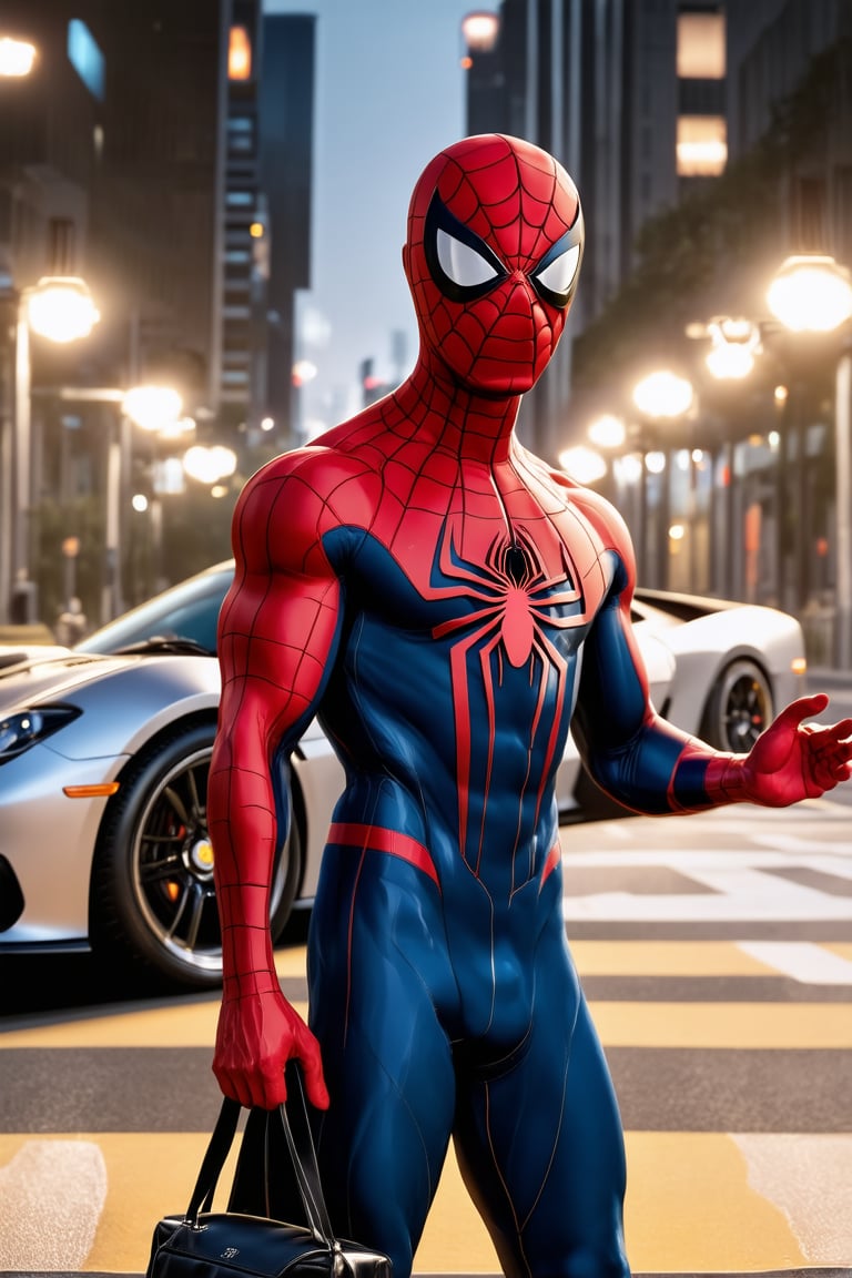 A close-up shot of Spider-Man's masked face and outstretched arm, holding a sleek black bag in his hand as he stands beside a shiny silver sports car on a city street. His iconic red and blue bodysuit gleams under the urban lighting. The composition frames his heroic pose against the vehicle's sleek design.