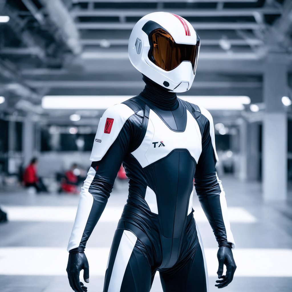 The image annotation task involves identifying and describing the visual elements present in the image. In this case, the subject is a person dressed in a futuristic costume with a distinctive white and black color scheme, accented by red details. The central feature is the "TA" screen on the chest, which suggests a technological or digital theme. The character's pose and expression convey a sense of engagement or interaction, as if addressing an audience or presenting something. The background is minimalistic, ensuring that the focus remains on the costumed figure.,Realistic Enhance,Perfect Architecture