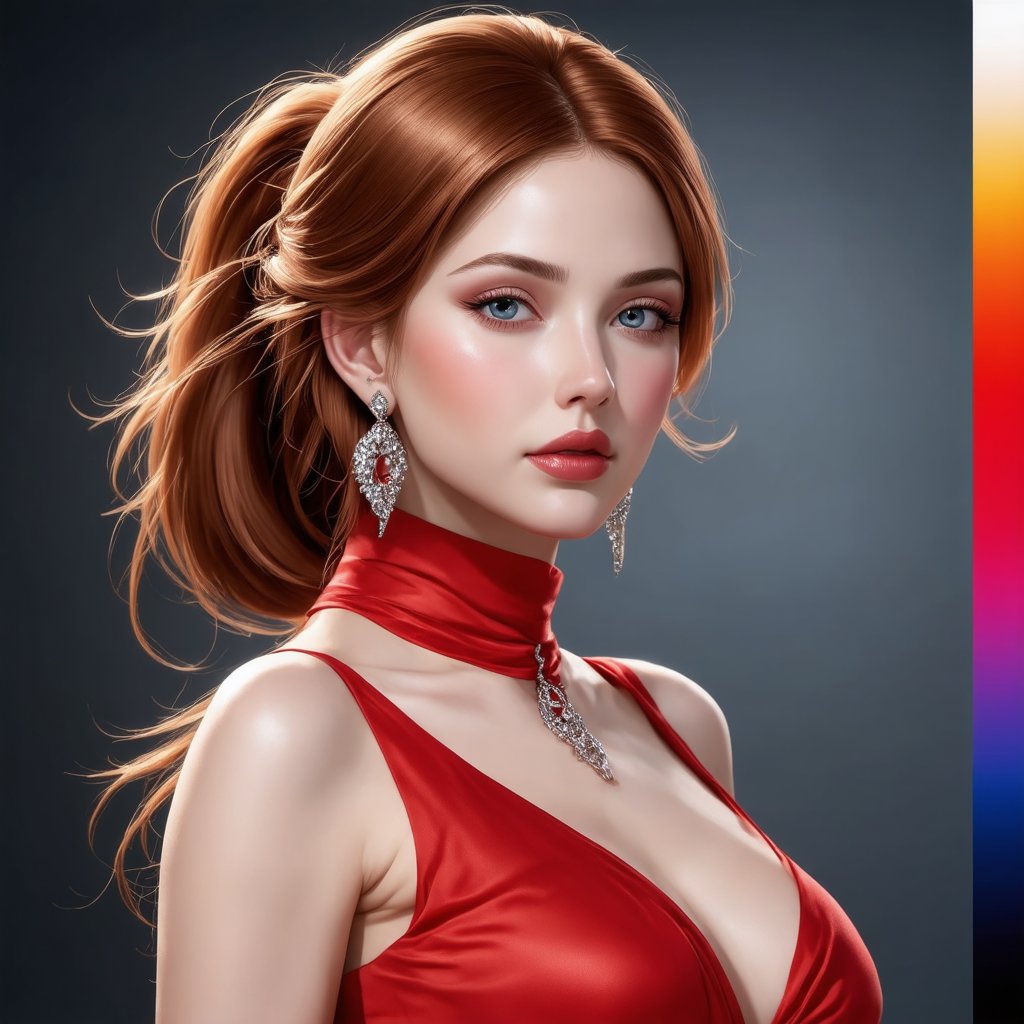 hyperrealistic, a masterpiece, A side profile of a young woman dressed in a vibrant red dress. The dress has a high neck and long sleeves. The woman has a sleek hairstyle, with her hair pulled back into a tight ponytail. She is wearing large, round earrings. On the right side of the image, there's a vertical color gradient bar that transitions from a light shade at the top to a deeper shade at the bottom.,redhead,Realistic Enhance