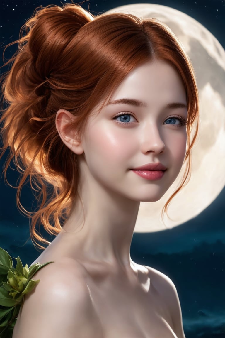 (1girl, smile, face focus, bun hair, perfect face, medium shot, gracefully, golden petals and green flowers form intricate patterns against the backdrop of the moon, reminiscent of the styles of Da Vinci), Detailed texture, High quality, High resolution, High precision, Realism, Color correction, Proper lighting settings, Harmonious composition, Behance Works,detail-rendering,Realistic Enhance,redhead