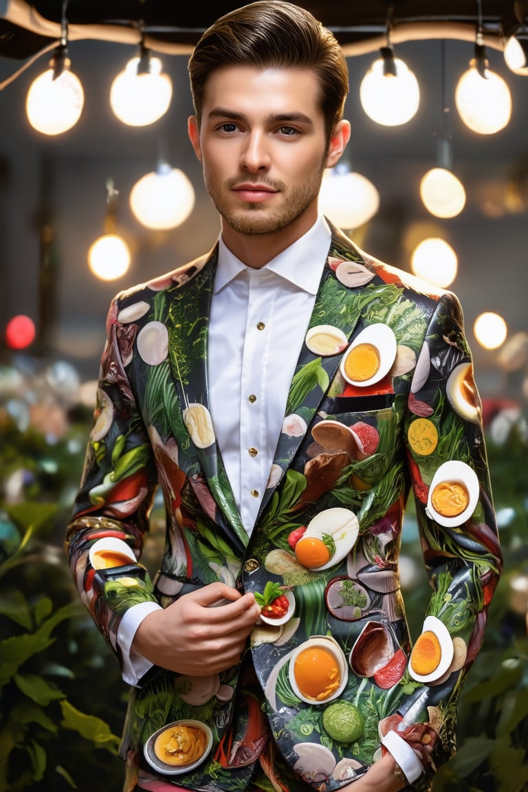 A wearing a suit with a unique design. The suit jacket is adorned with various food items such as pho (Vuetnsmese noodle), beef, vegetables, and eggs, which are arranged in a pattern that covers the entire surface of the suits. The overall impression is one of a creative fashion concept, possibly for a clothing line inspired by cuisine.,digital art