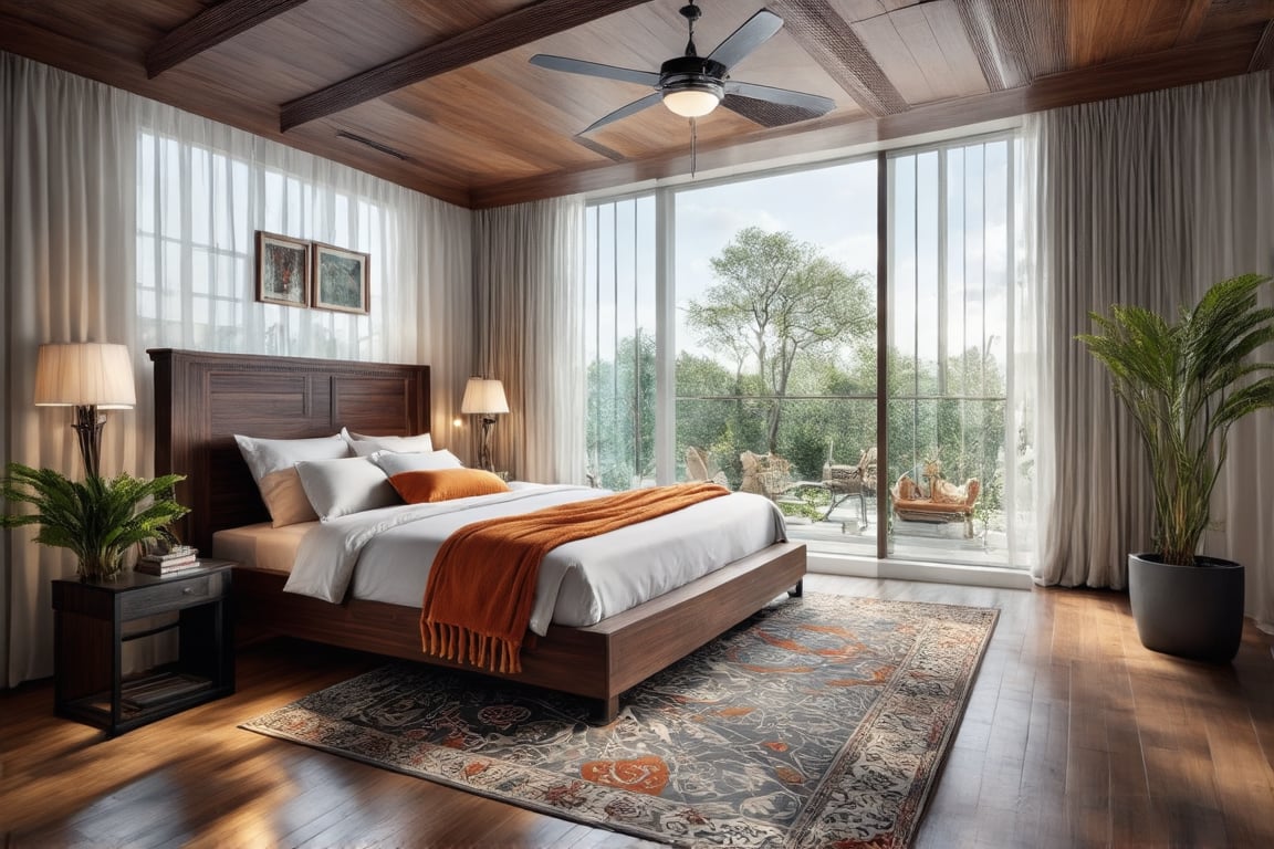 The image showcases a bedroom that exudes a sense of luxury and comfort. The room's design is characterized by rich woodwork, which is evident in the intricate ceiling paneling and the dark wooden furniture. The bed, adorned with an orange throw blanket and pillows, serves as the centerpiece of the room. A large area rug with a complex pattern lies beneath the bed, adding warmth to the space. The floor-to-ceiling windows offer a view of the verdant surroundings, allowing natural light to flood into the room. The presence of potted plants and artwork further enhances the room's inviting ambiance.,Perfect Architecture,digital art,Realistic Enhance