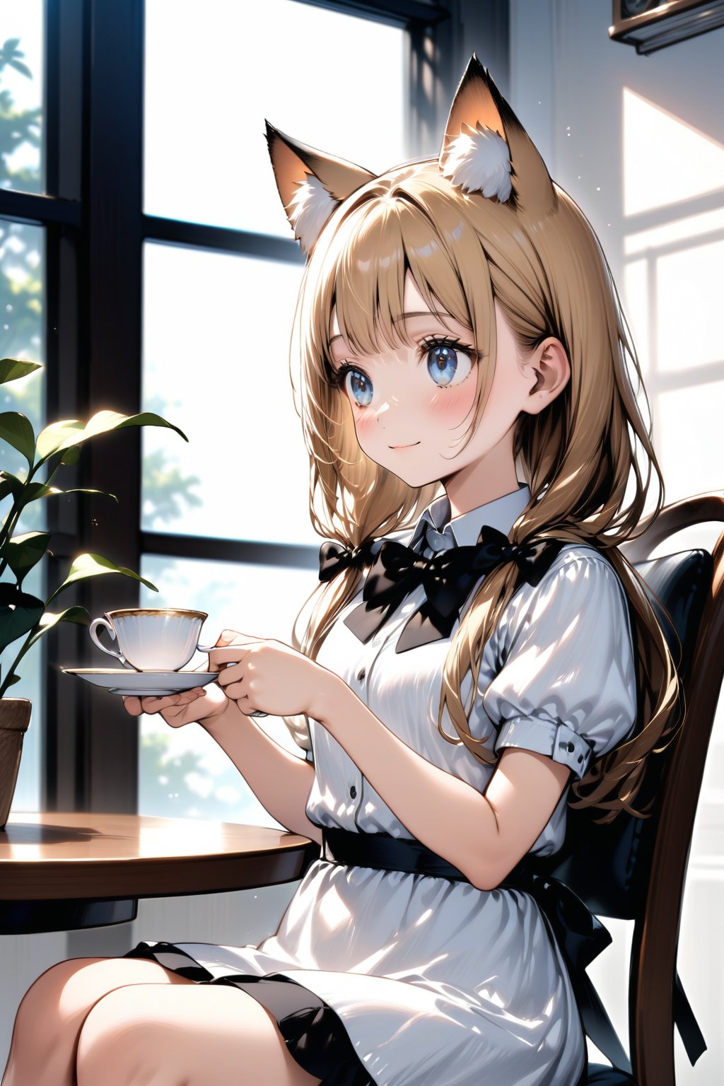 A young blonde girl with long hair and bangs sits comfortably on a chair, wearing a white collared shirt with puffy short sleeves and a black bow tied around her neck. Her face is aglow with a gentle blush and a warm smile, as she holds a teacup and saucer in her hands. Her eyes are closed, and extra cat ears sprout from the top of her head, complete with fluffy ear fluff. A black ribbon wraps around her hair, tied in a neat bow at the back. She appears to be lost in thought, surrounded by the cozy atmosphere of an indoor setting with a window in the background.