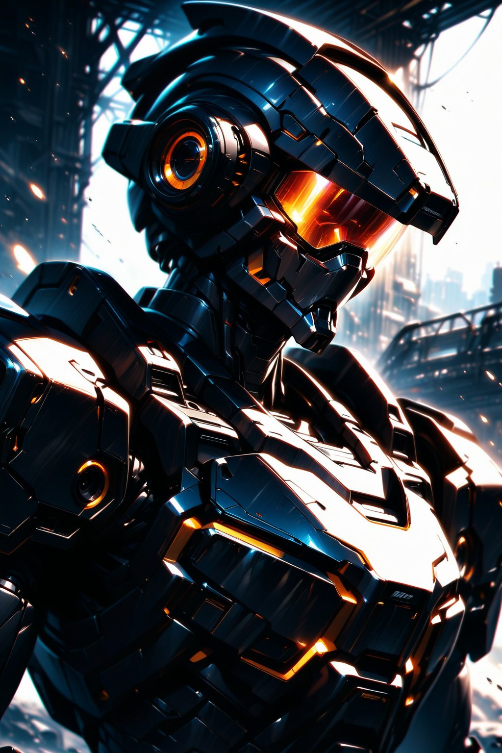 Create a high-quality digital art masterpiece featuring a solo, badass male mecha robot in a dynamic pose, focusing on his upper body armor with metallic textures and realistic details. The robot, wearing a glowing helmet, looks directly at the viewer, surrounded by sun rays and light particles, creating reflections on the armor. The image showcases extremely epic textures and an attractive, professional style, emphasizing the detailed robot and science fiction theme.