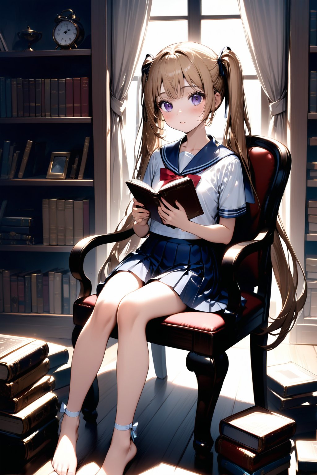 A serene scene unfolds as the girl with blonde and brown twintails sits comfortably in a chair, surrounded by a warm, soft lighting. Her long hair cascades down her back, partially framing her blushing face. She gazes directly at the viewer, her parted lips and purple eyes drawing attention. A ribbon adorns her bangs, and her pleated skirt flows around her ankles. The sailor collar and bow tie add a touch of whimsy to her school uniform. Her hands hold a book, while her feet dangle out of frame, as she sits in front of a bookshelf filled with treasures.