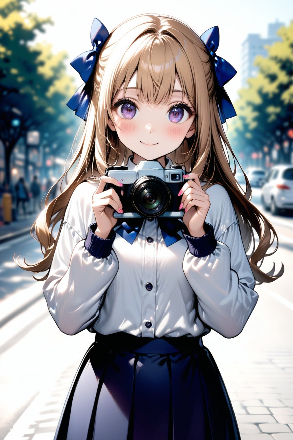 1girl, solo, long hair, looking at viewer, blush, smile, bangs, skirt, blonde hair, shirt, long sleeves, bow, holding, closed mouth, standing, purple eyes, white shirt, upper body, hair bow, pleated skirt, outdoors, nail polish, blue skirt, hands up, blue bow, pink nails, camera, holding camera