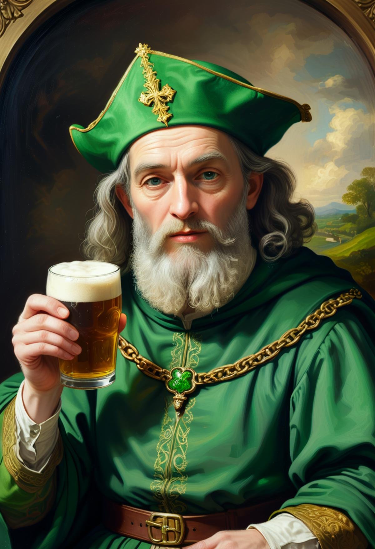 Patron saint of Ireland. Wearing green, saint patrick. Painting, portrait, 16th century . Drinking a pint