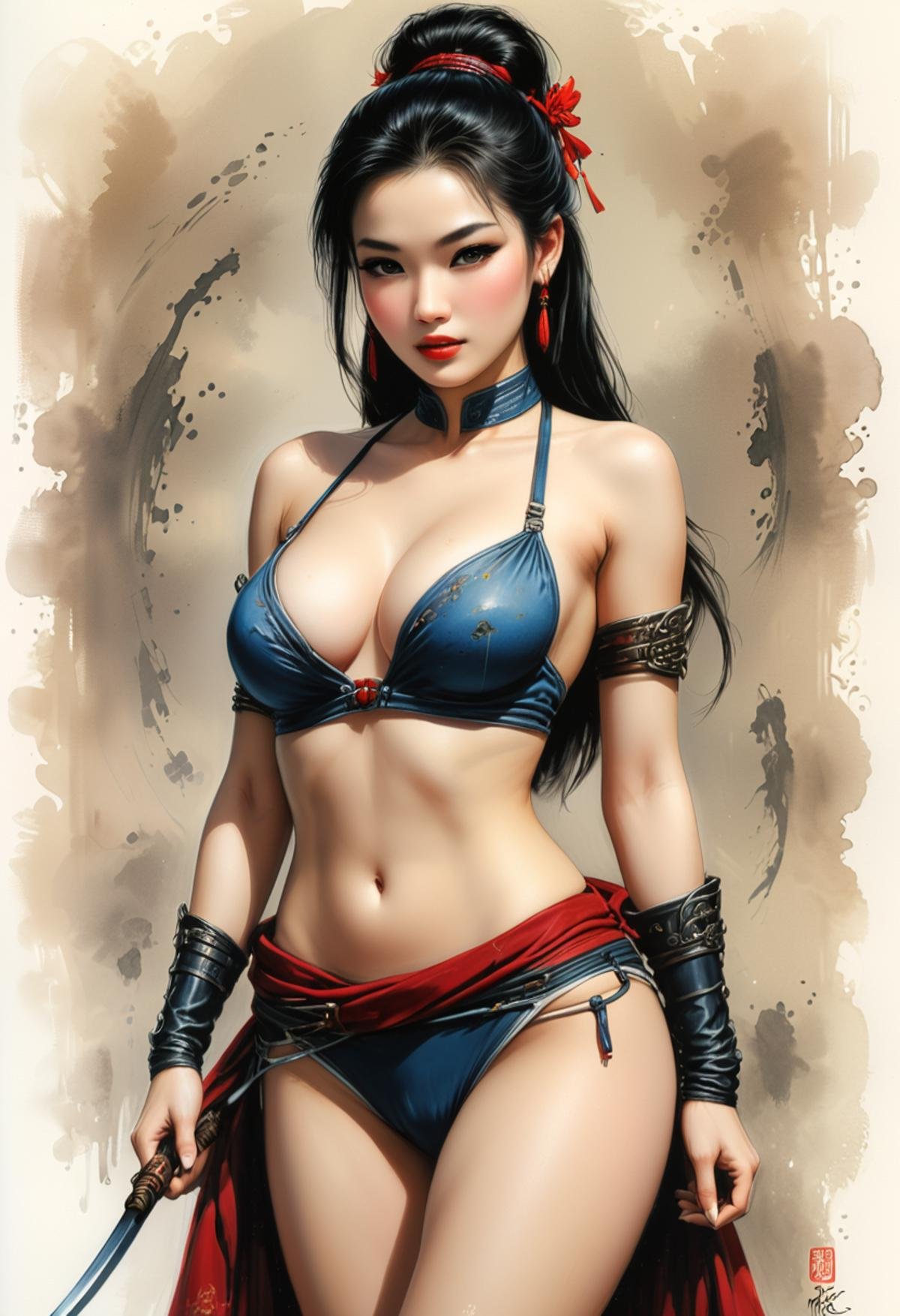 Pin up version of Mulan painted in the style of Luis Royo