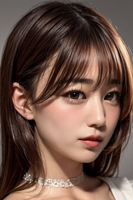 1girl solo brown hair closed mouth grey background collar lips realistic ,beauty,yui,masterpiece,best quality,macca