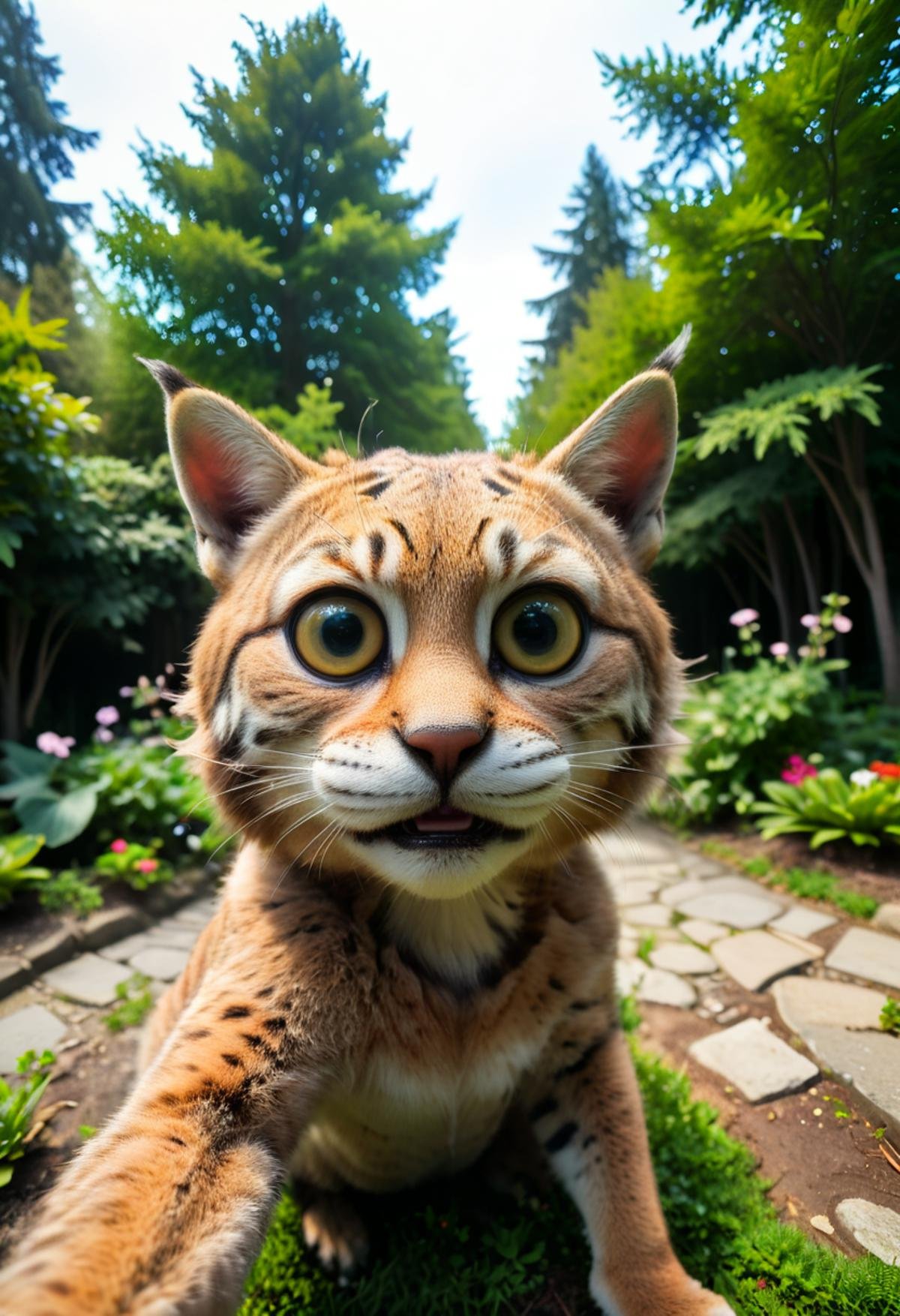 a bobcat takes a selfie in quantum garden with surreal and ever-changing landscapes, in the style of fisheye effects, funny mood, strong facial expression, wimmelbilder, tilt shift,