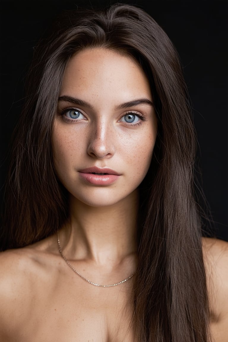 (best quality, 4K, 8K, high-resolution, masterpiece), sharp,ultra-detailed, realistic, photorealistic, woman, long hair, looking at viewer, blue eyes, simple background, jewelry,dark tanned skin,light freckles, black background, portrait of 19 year old kmgirl1 ,perfect teeth