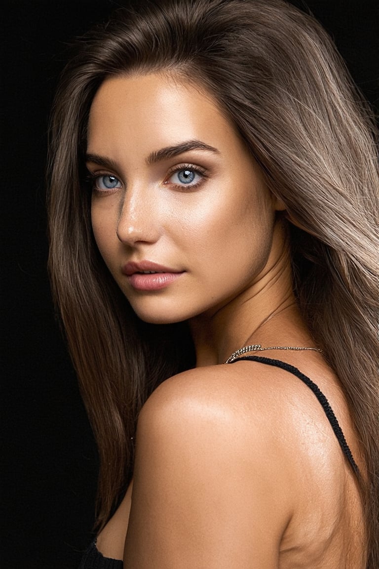 (best quality, 4K, 8K, high-resolution, masterpiece), sharp,ultra-detailed, realistic, photorealistic, woman, long hair, looking at viewer, blue eyes, simple background, jewelry,dark tanned skin,light freckles, black background, portrait of 19 year old kmgirl1 ,perfect teeth