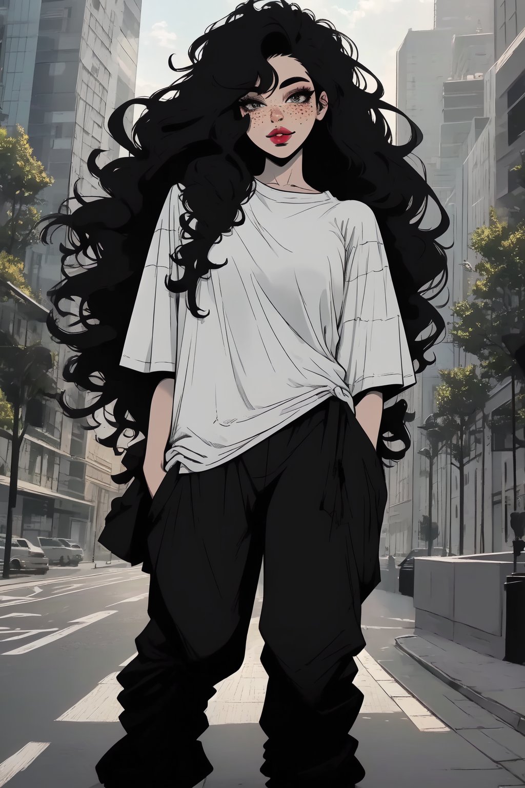 (extremely detailed face) (solo)

Long hair, gray eyes, black hair, lips, curly hair, big hair, hair down, freckles, lips,

(Oversized clothes,oversized t-shirt,Oversized pants)

Outdoors, park 

(walking, light smile, puckered lips, looking at viewer, front view, facing viewer, pockets)