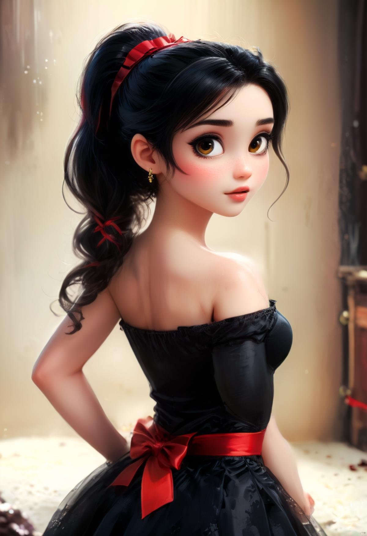 Photography of 1girl, (Vanellope (Wreck-It Ralph), black hair, Ponytail, red ribbons, brown eyes:1.5), posing for a fashion magazine, gown, ball dress, luxurious living room, intricate details