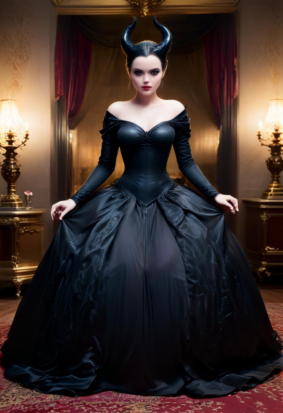 Photography of 1girl, (Maleficent (Disney):1.5), posing for a fashion magazine, gown, ball dress, luxurious living room, intricate details