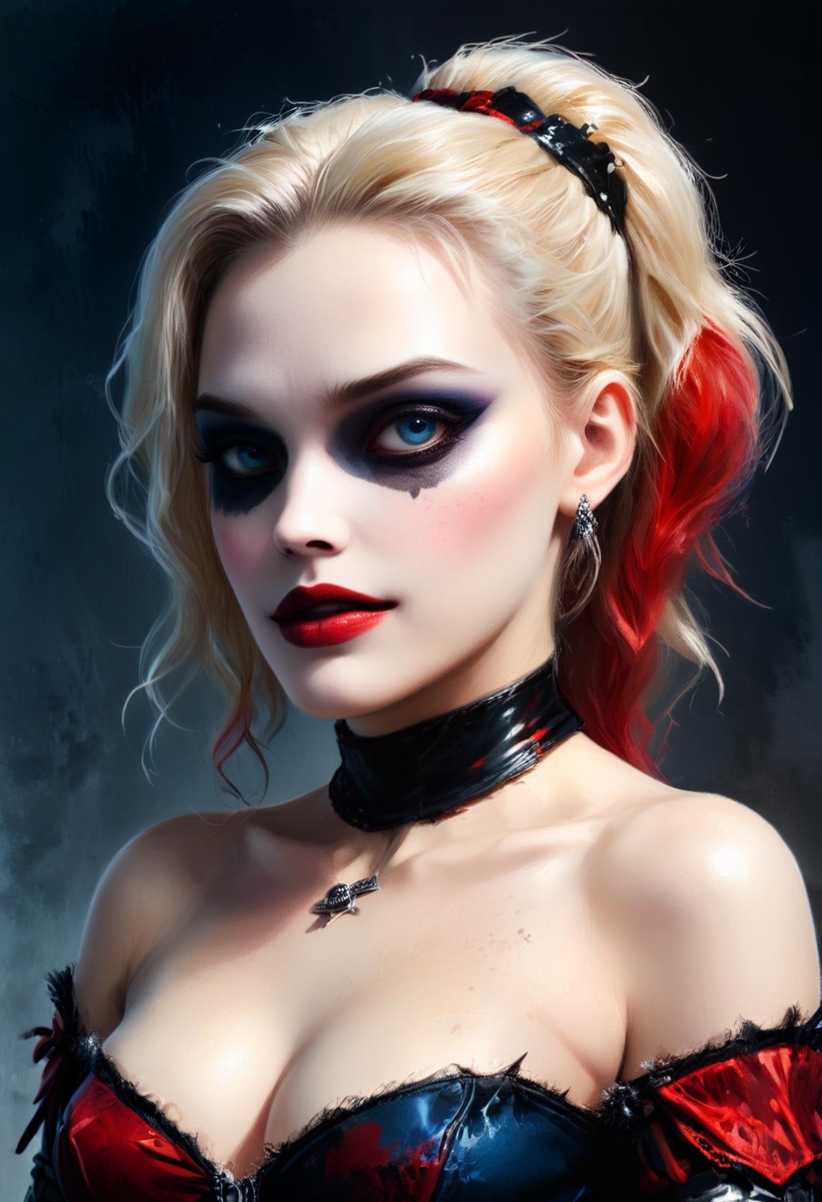 Illustration of 1girl, (Harley Quinn (DC Comics):1.5), posing for a fashion magazine,  A flirtatious look over the shoulder with tousled hair, A luxurious, fur stole that adds a touch of elegance to any outfit, Luis Royo Style, intricate details,